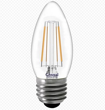 Лампа 7,0 LED Е27 свеча прозрачная 2700К теплый свет, филомент General 646700