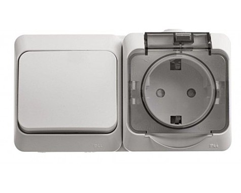Блок настенный 1кл+ розетка с/з белый с крышкой IP44 Этюд